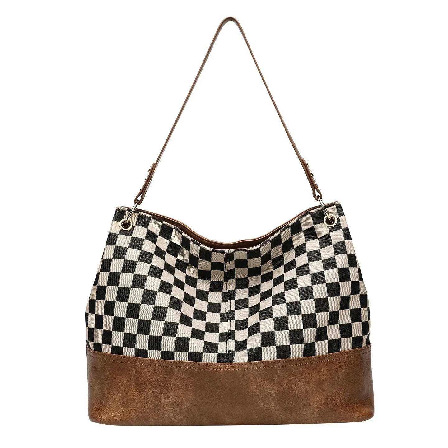 One-shoulder canvas PU stitching crossbody bag in black with horizontal square shape and open outer pocket