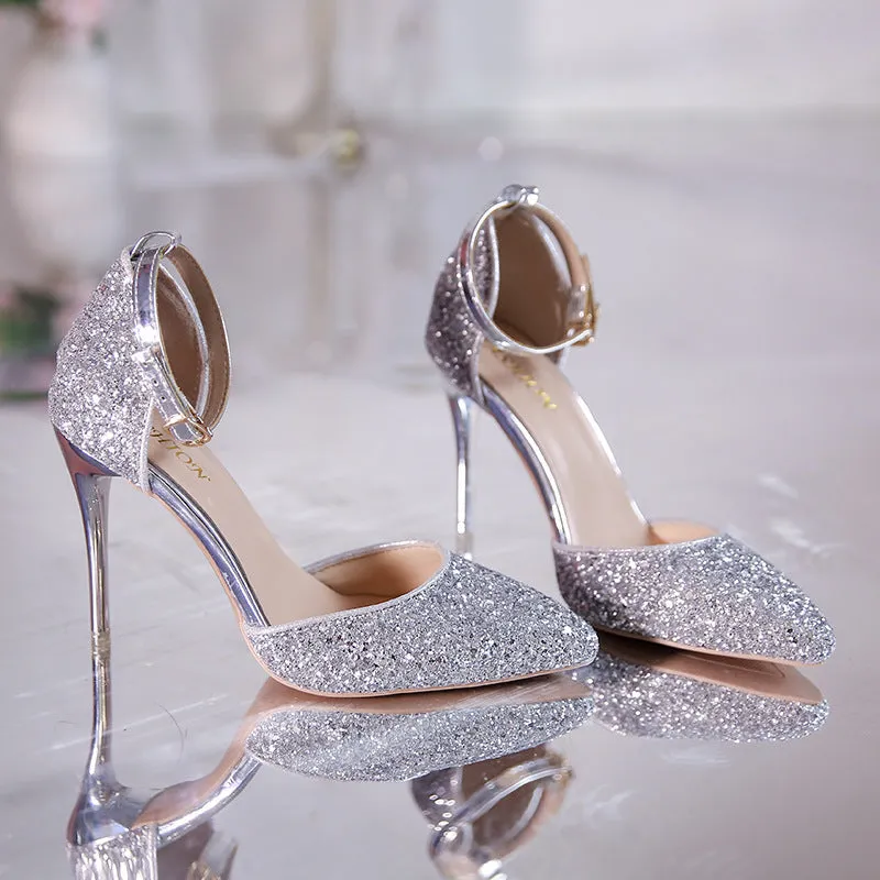 Stiletto heel fashion high heels pumps in solid colour with beaded and belt decoration, super high heel over 8cm
