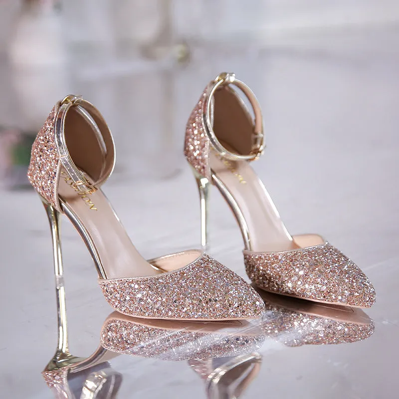 Stiletto heel fashion high heels pumps in solid colour with beaded and belt decoration, super high heel over 8cm