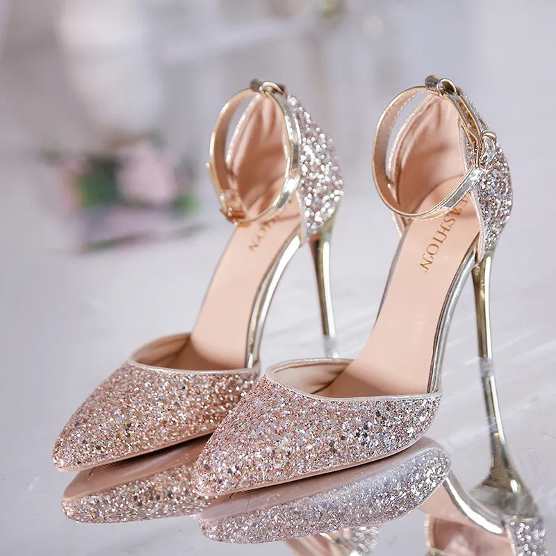 Stiletto heel fashion high heels pumps in solid colour with beaded and belt decoration, super high heel over 8cm