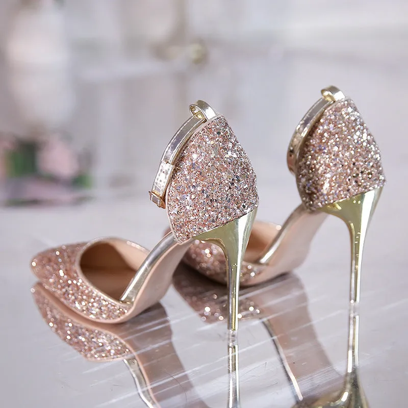Stiletto heel fashion high heels pumps in solid colour with beaded and belt decoration, super high heel over 8cm