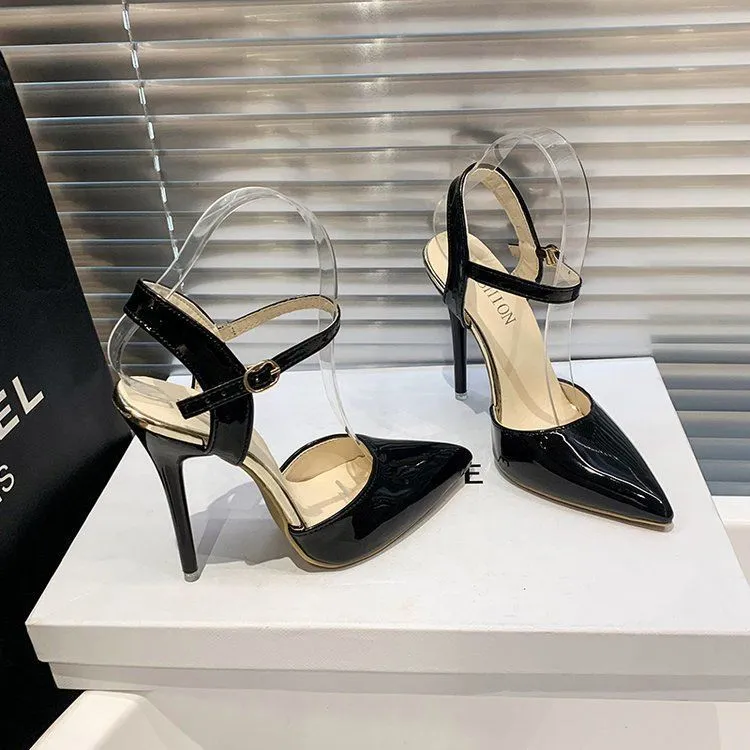 Women's 12cm green PU ankle-strap buckle sandals with fish-mouth toe and rubber sole