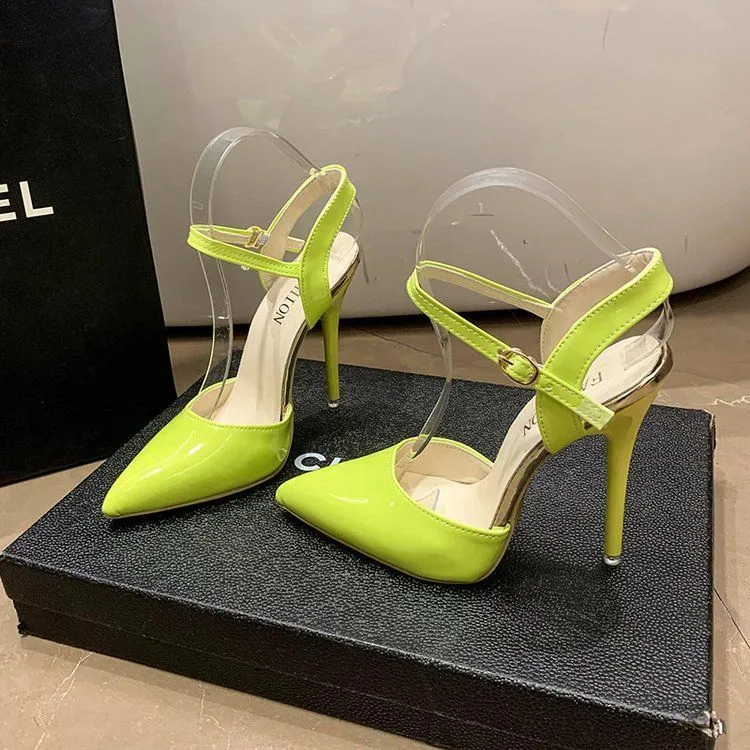 Women's 12cm green PU ankle-strap buckle sandals with fish-mouth toe and rubber sole
