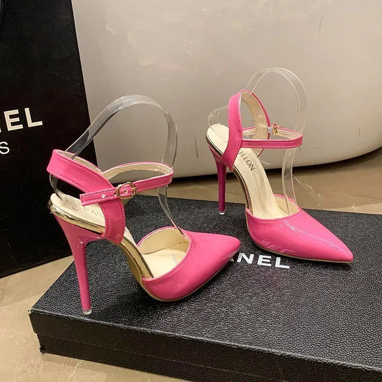 Women's 12cm green PU ankle-strap buckle sandals with fish-mouth toe and rubber sole
