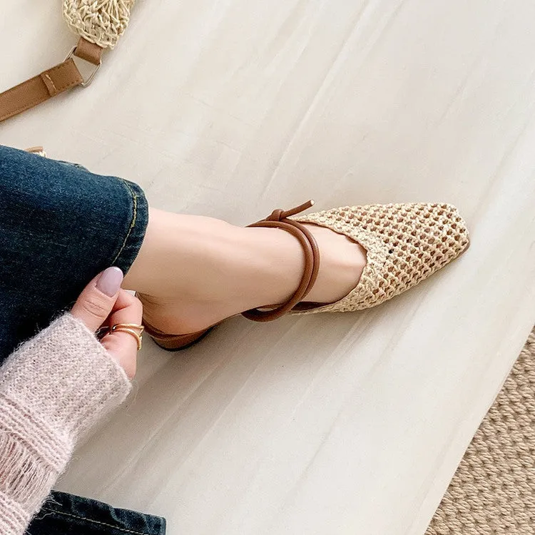 Women's French style square toe half slippers with hollow-out design and chunky heel