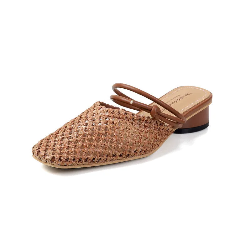 Women's French style square toe half slippers with hollow-out design and chunky heel