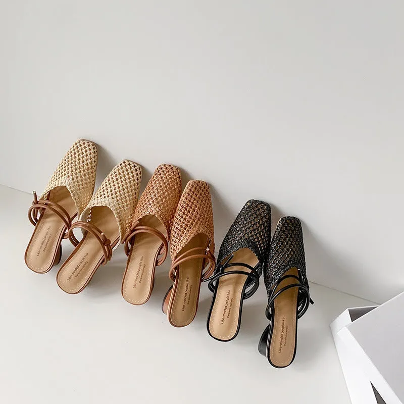 Women's French style square toe half slippers with hollow-out design and chunky heel