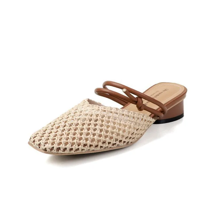 Women's French style square toe half slippers with hollow-out design and chunky heel