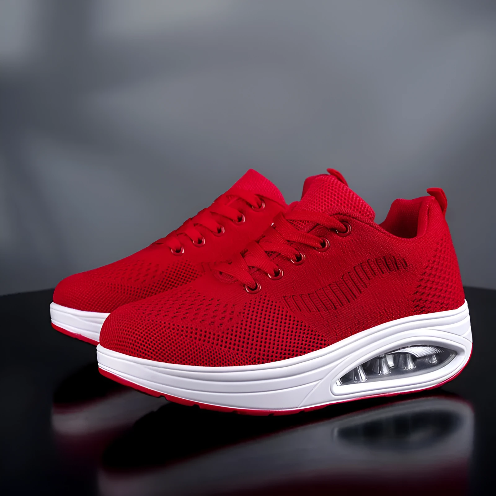 Women's platform shake shoes with air cushion, mesh upper, low heel, round toe, available in black, red and white