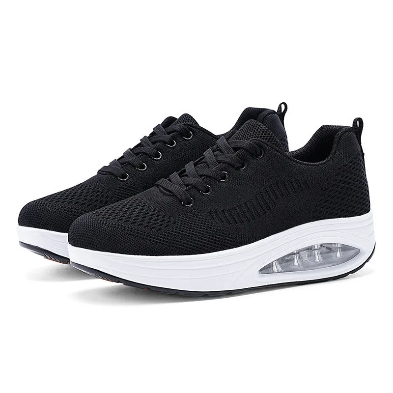 Women's platform shake shoes with air cushion, mesh upper, low heel, round toe, available in black, red and white