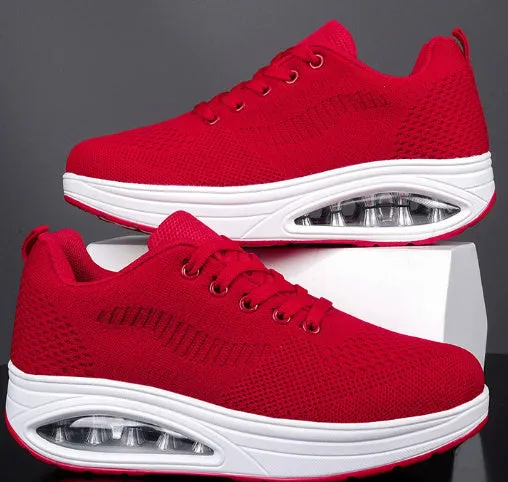 Women's platform shake shoes with air cushion, mesh upper, low heel, round toe, available in black, red and white