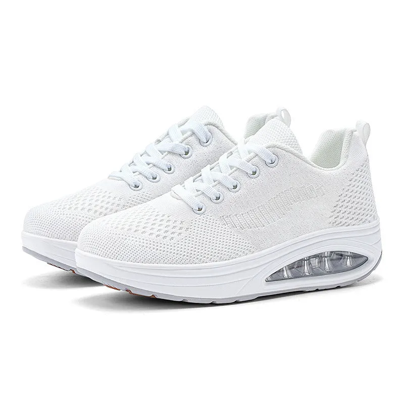 Women's platform shake shoes with air cushion, mesh upper, low heel, round toe, available in black, red and white