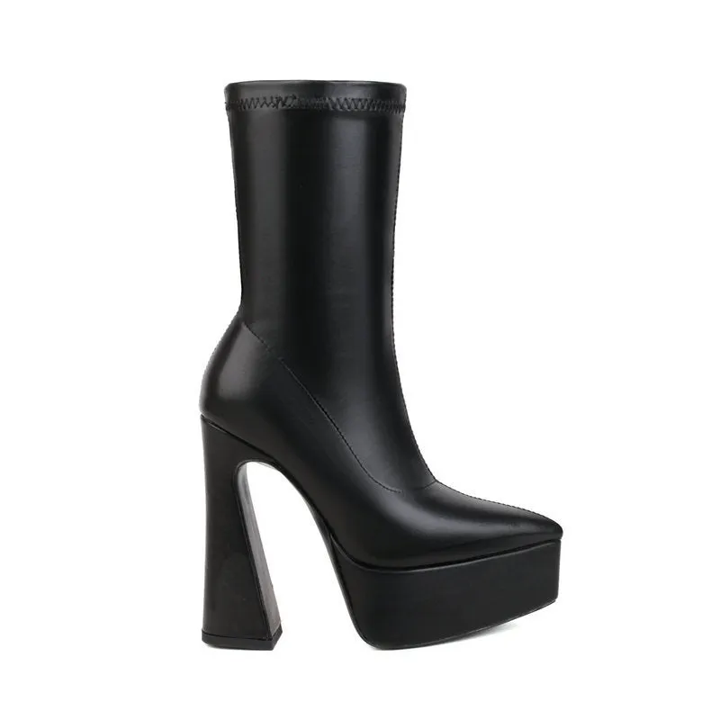 Women's black platform booties with thick super high heel and short stout heel