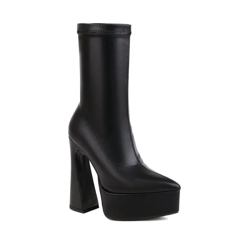 Women's black platform booties with thick super high heel and short stout heel