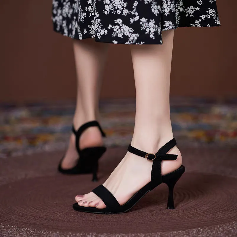 Women's one-strap PU leather sandals with low cat heel in apricot colour, side view