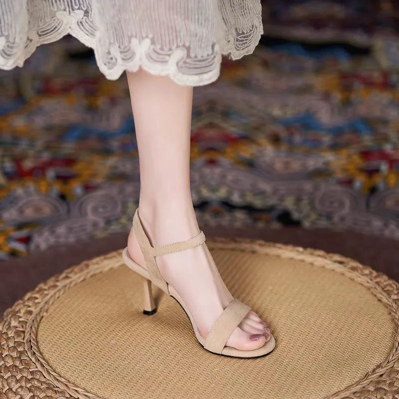 Women's one-strap PU leather sandals with low cat heel in apricot colour, side view