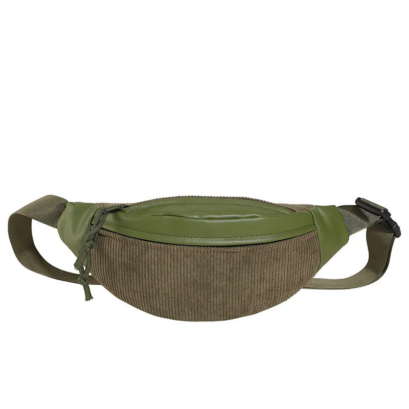 Corduroy crossbody bag in brown with oval shape, slit pocket, and crossbody strap