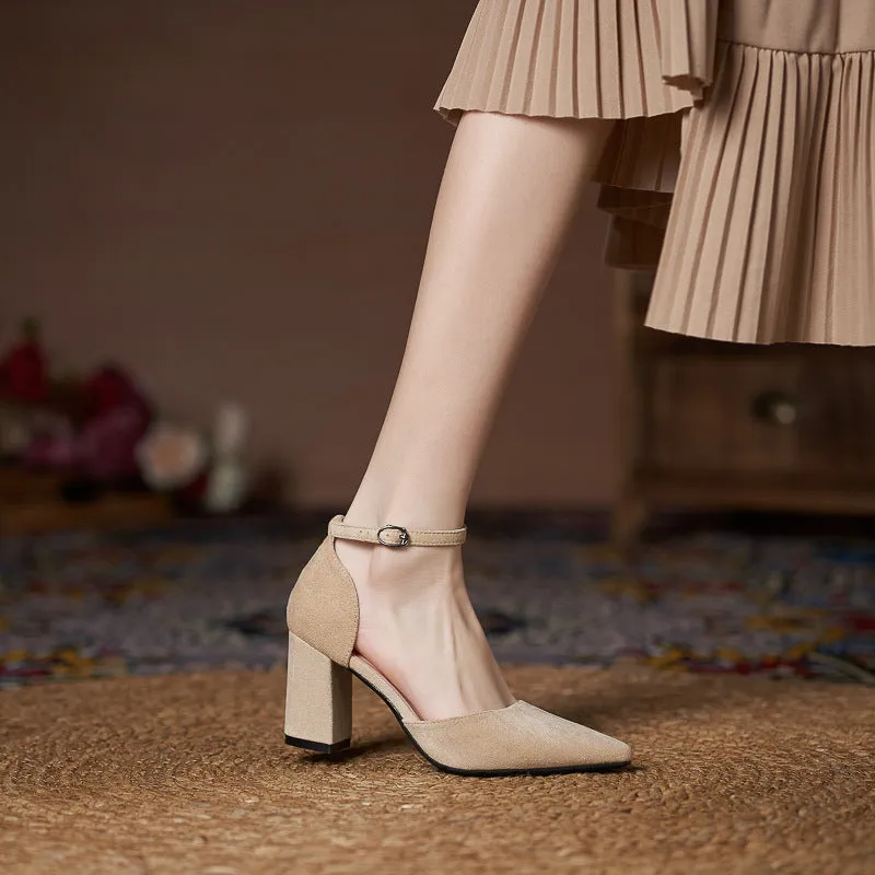 Women's all-match casual large size suede hollow high heels with stout heel, black colour, 5CM height