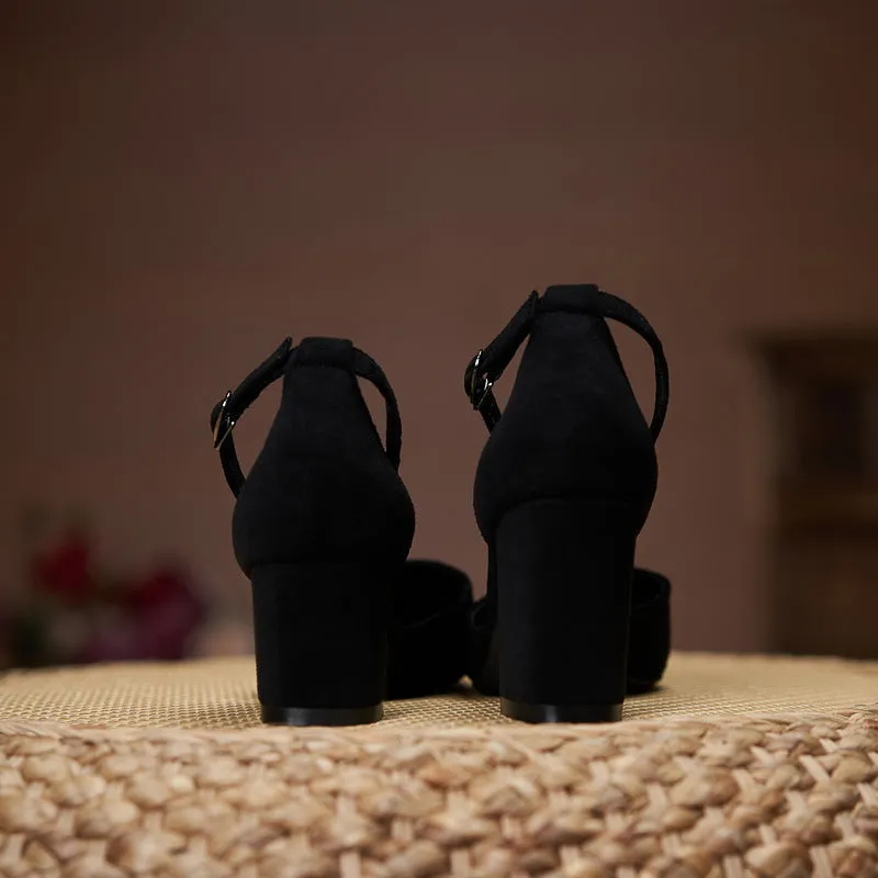 Women's all-match casual large size suede hollow high heels with stout heel, black colour, 5CM height