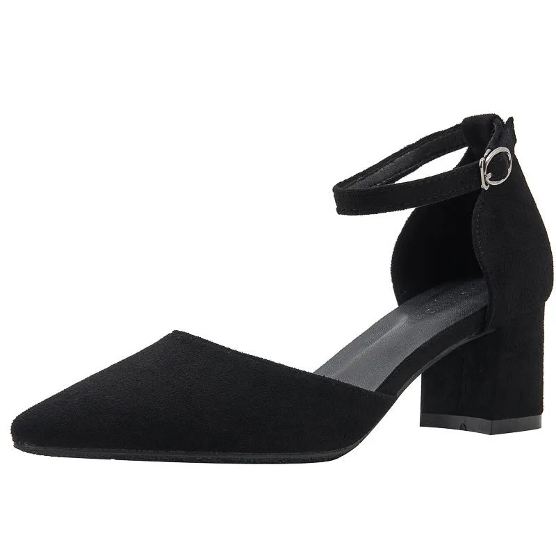 Women's all-match casual large size suede hollow high heels with stout heel, black colour, 5CM height