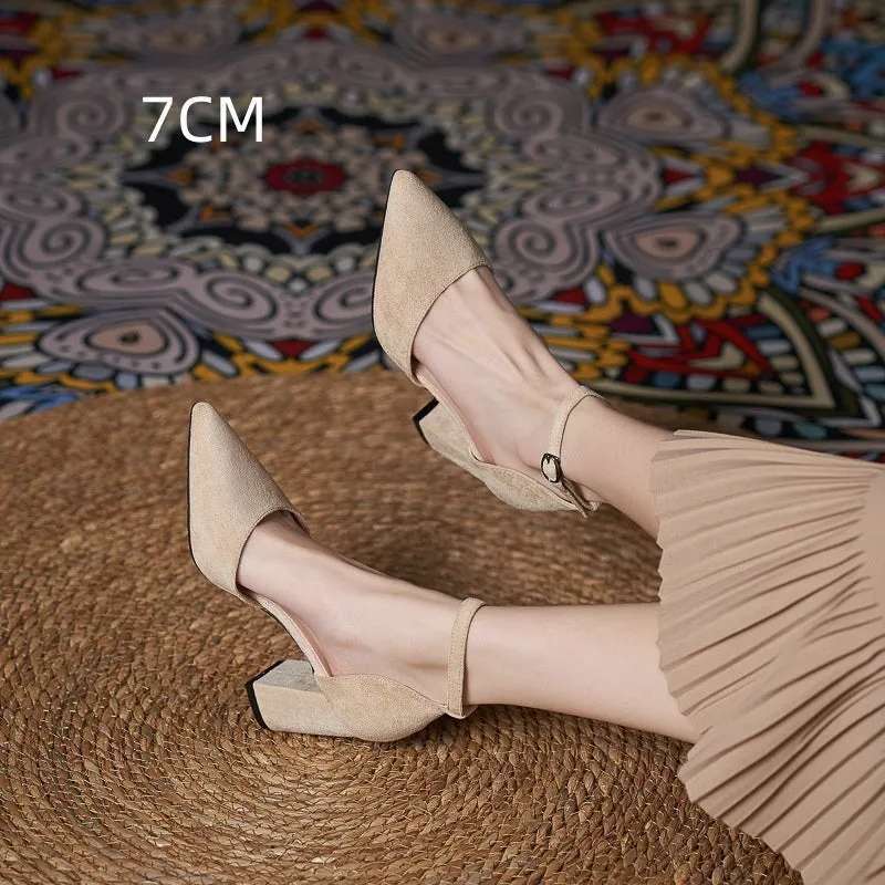 Women's all-match casual large size suede hollow high heels with stout heel, black colour, 5CM height