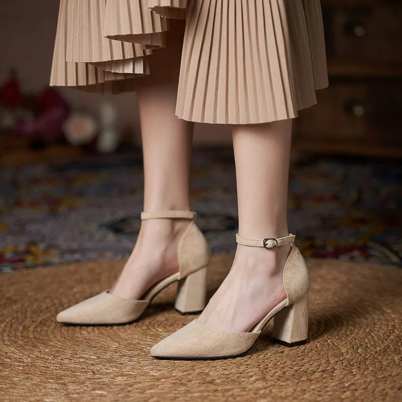 Women's all-match casual large size suede hollow high heels with stout heel, black colour, 5CM height