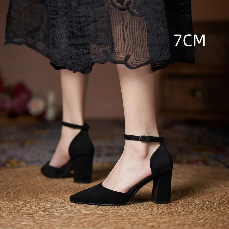 Women's all-match casual large size suede hollow high heels with stout heel, black colour, 5CM height