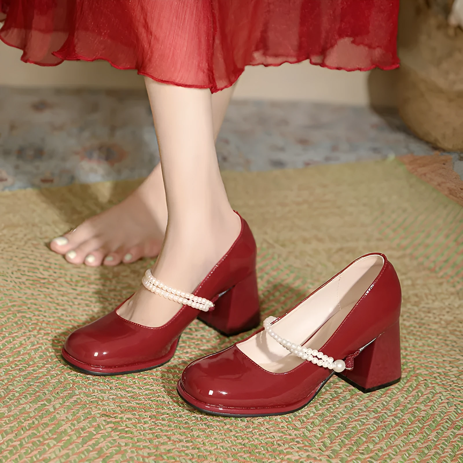 French Mary Jane small chunky heel fairy style pearl lace-up high heel shoes in patent leather