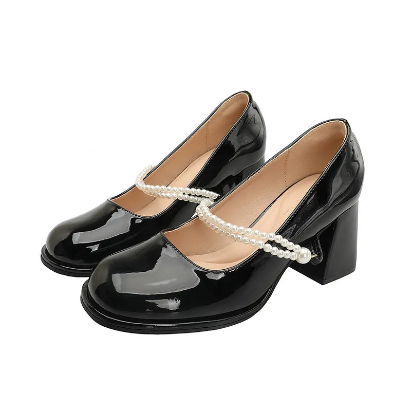 French Mary Jane small chunky heel fairy style pearl lace-up high heel shoes in patent leather