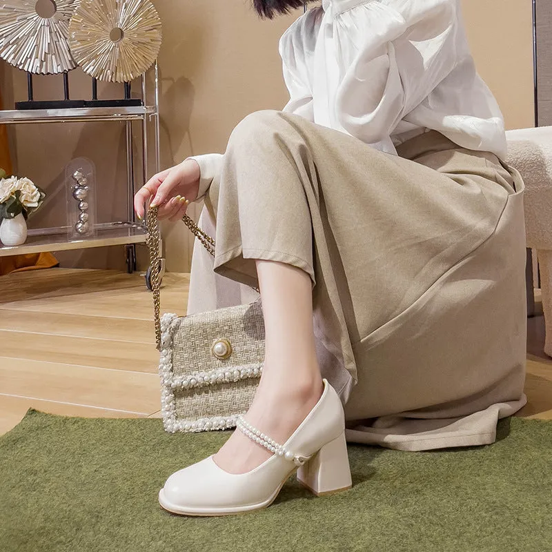 French Mary Jane small chunky heel fairy style pearl lace-up high heel shoes in patent leather