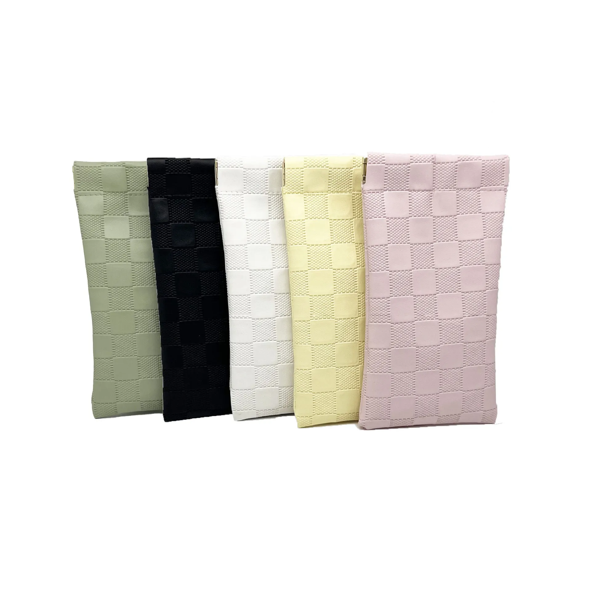 Leather glasses case with automatic snap closure in a colour option, lying flat