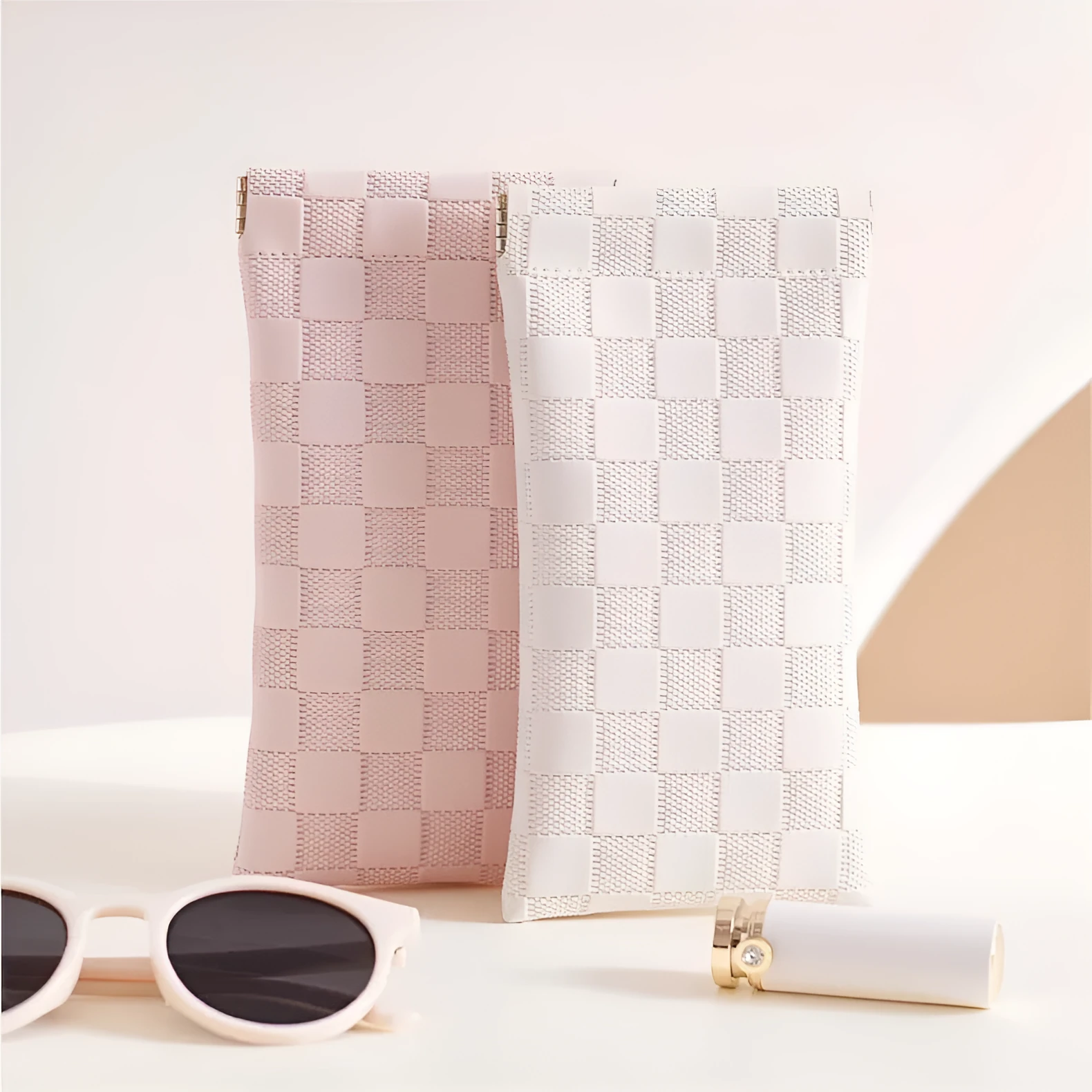 Leather glasses case with automatic snap closure in a colour option, lying flat