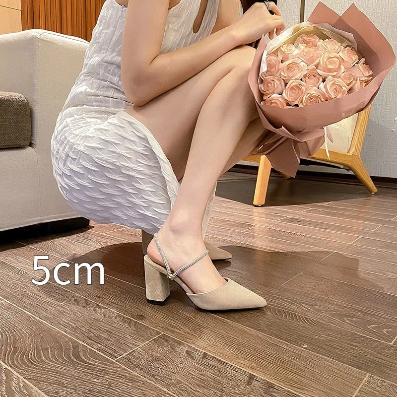 Thick heel pointed toe suede high heels for women, apricot colour, 5cm heel height, side view