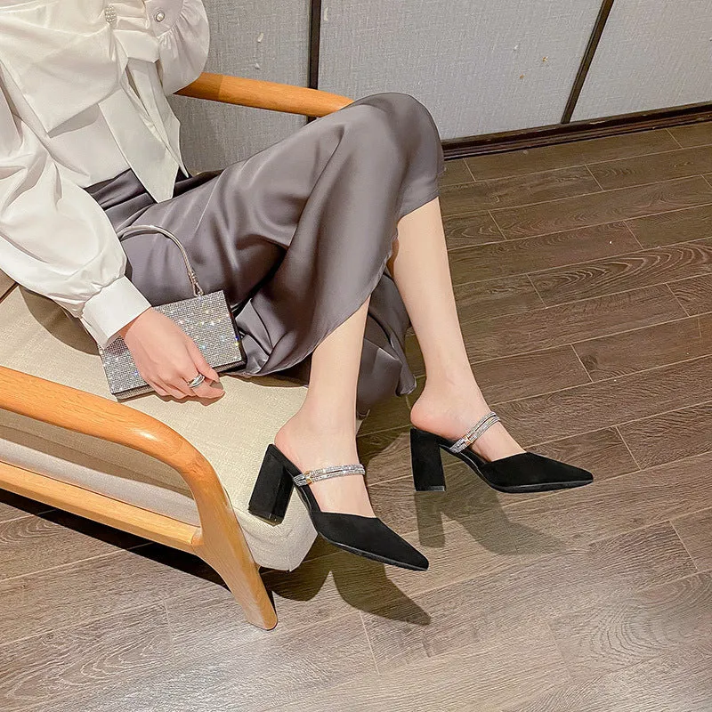 Thick heel pointed toe suede high heels for women, apricot colour, 5cm heel height, side view