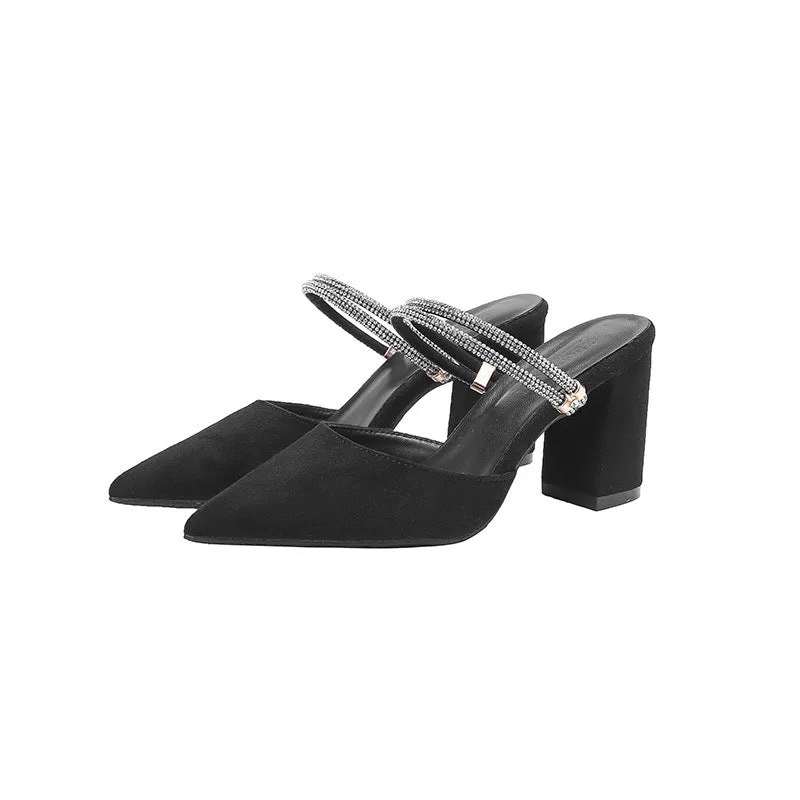Thick heel pointed toe suede high heels for women, apricot colour, 5cm heel height, side view