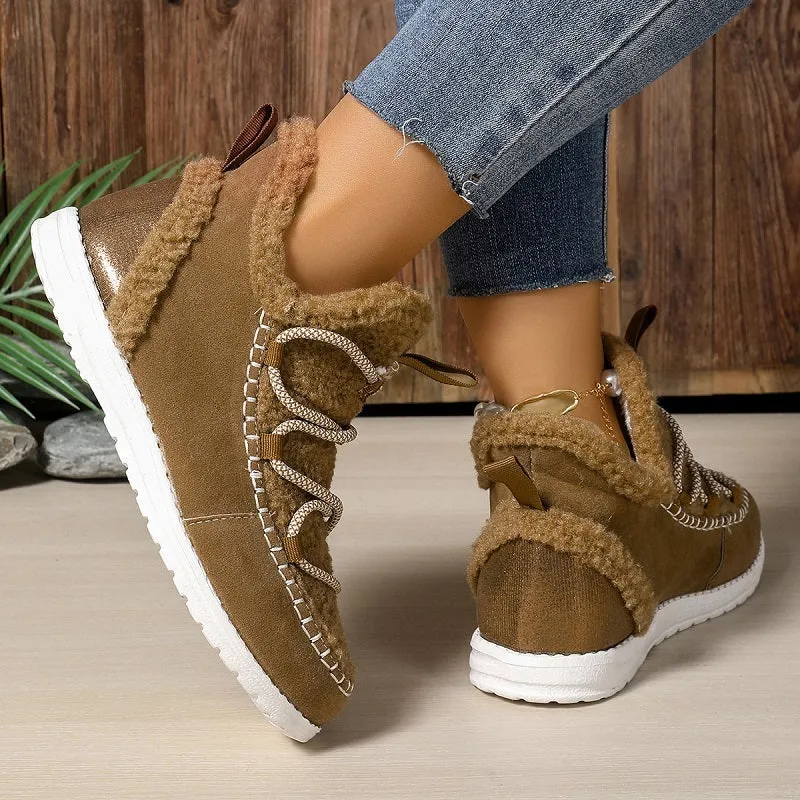Women's mid-top snow boots in beige, black, and dark brown with cotton upper and PU sole