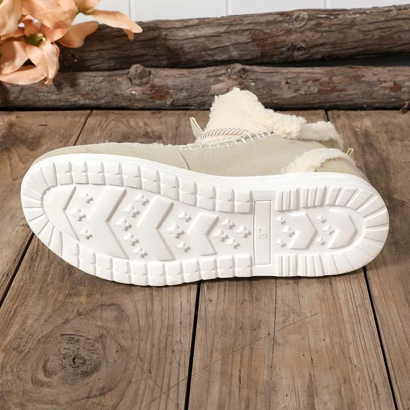 Women's mid-top snow boots in beige, black, and dark brown with cotton upper and PU sole