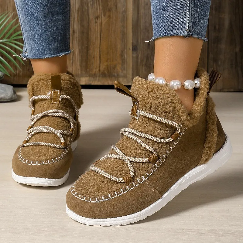 Women's mid-top snow boots in beige, black, and dark brown with cotton upper and PU sole