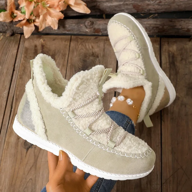 Women's mid-top snow boots in beige, black, and dark brown with cotton upper and PU sole