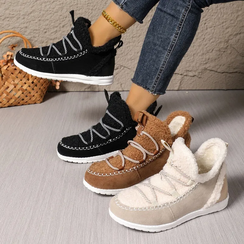 Women's mid-top snow boots in beige, black, and dark brown with cotton upper and PU sole