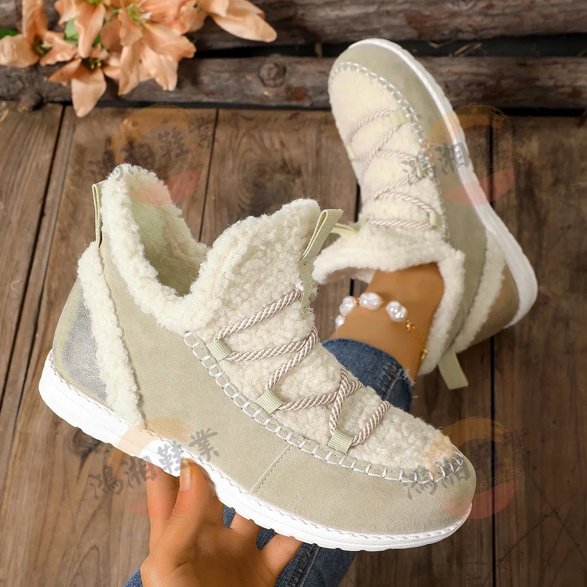 Women's mid-top snow boots in beige, black, and dark brown with cotton upper and PU sole