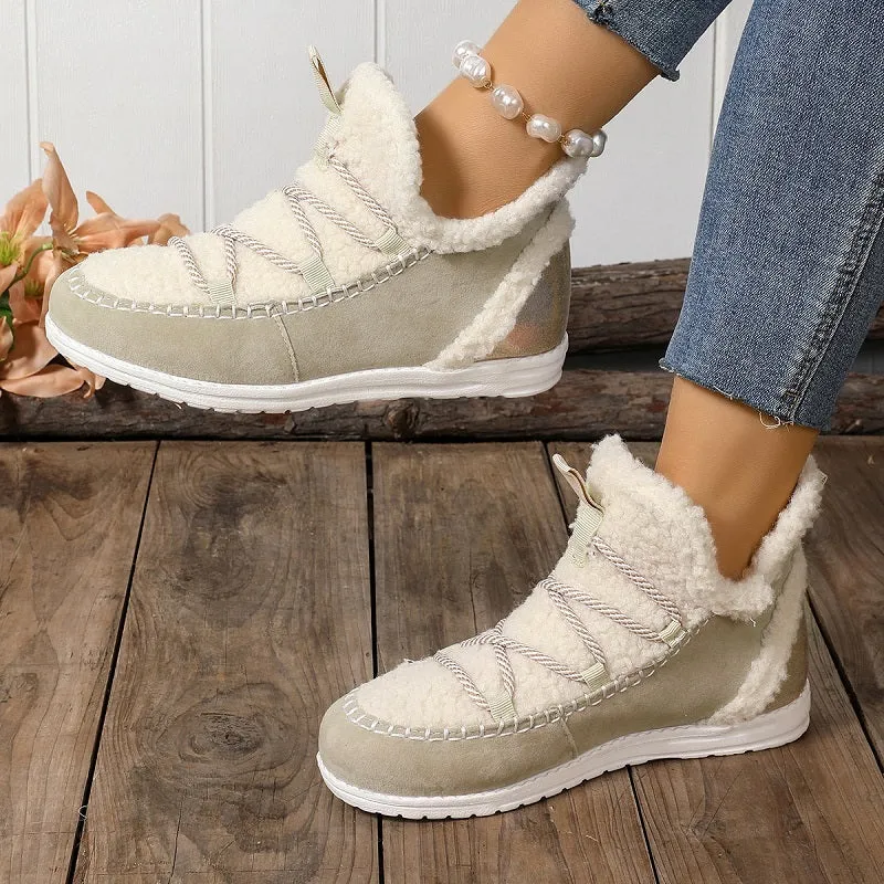 Women's mid-top snow boots in beige, black, and dark brown with cotton upper and PU sole