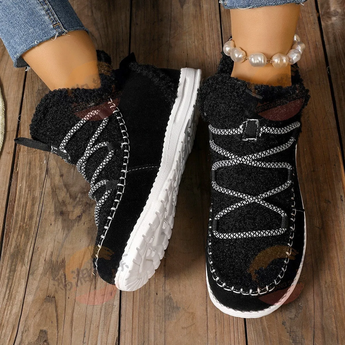 Women's mid-top snow boots in beige, black, and dark brown with cotton upper and PU sole