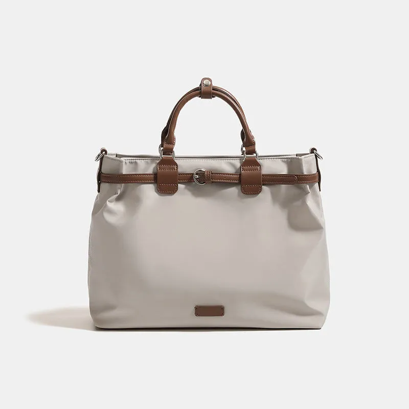 Women's nylon shoulder tote bag in creamy-white colour showing internal compartments and three shoulder straps