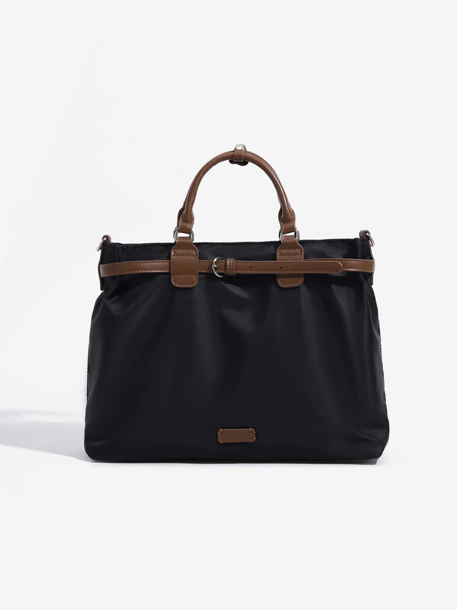 Women's nylon shoulder tote bag in creamy-white colour showing internal compartments and three shoulder straps
