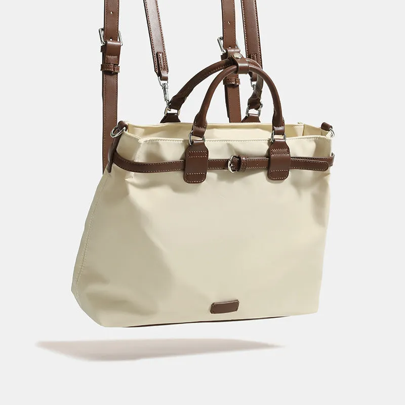 Women's nylon shoulder tote bag in creamy-white colour showing internal compartments and three shoulder straps