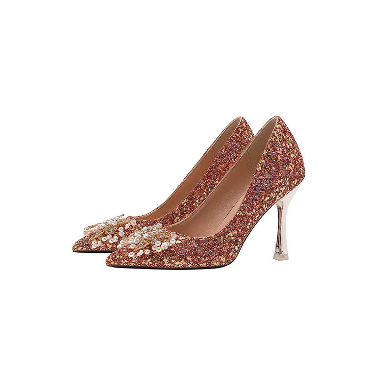 Red crystal evening dress high heels with pointed toe and stiletto heel, solid colour, 6-8cm heel height