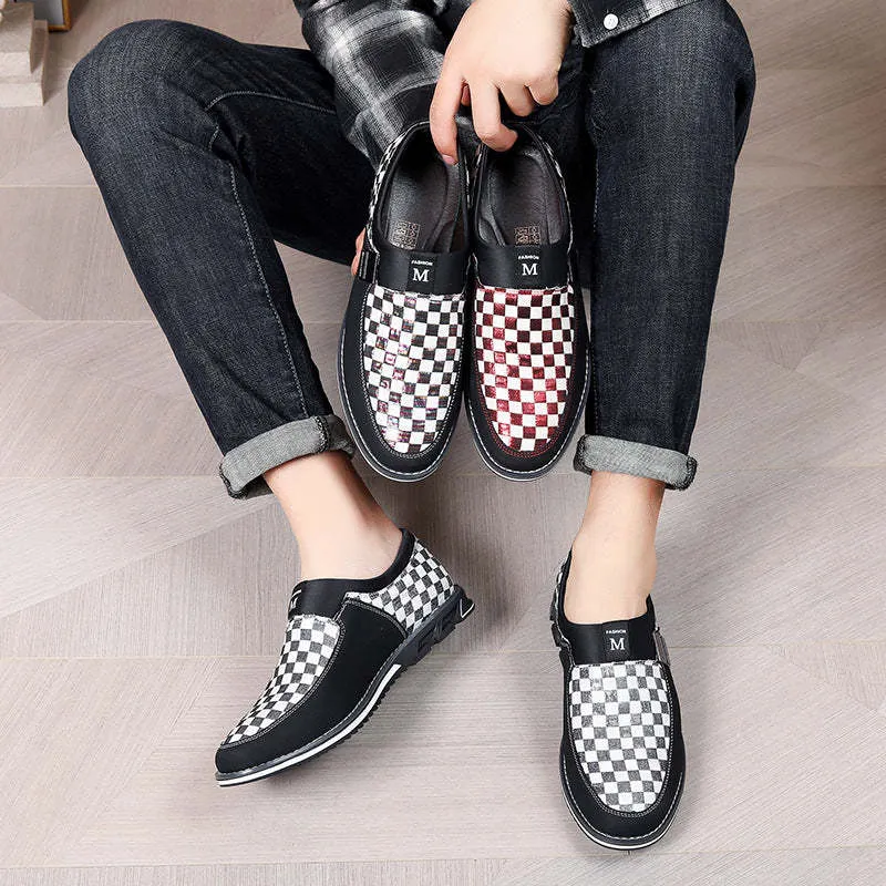Large size men's business casual shoes with grid pattern, round toe, cloth upper, sizes 39-50, Black, Red, and White