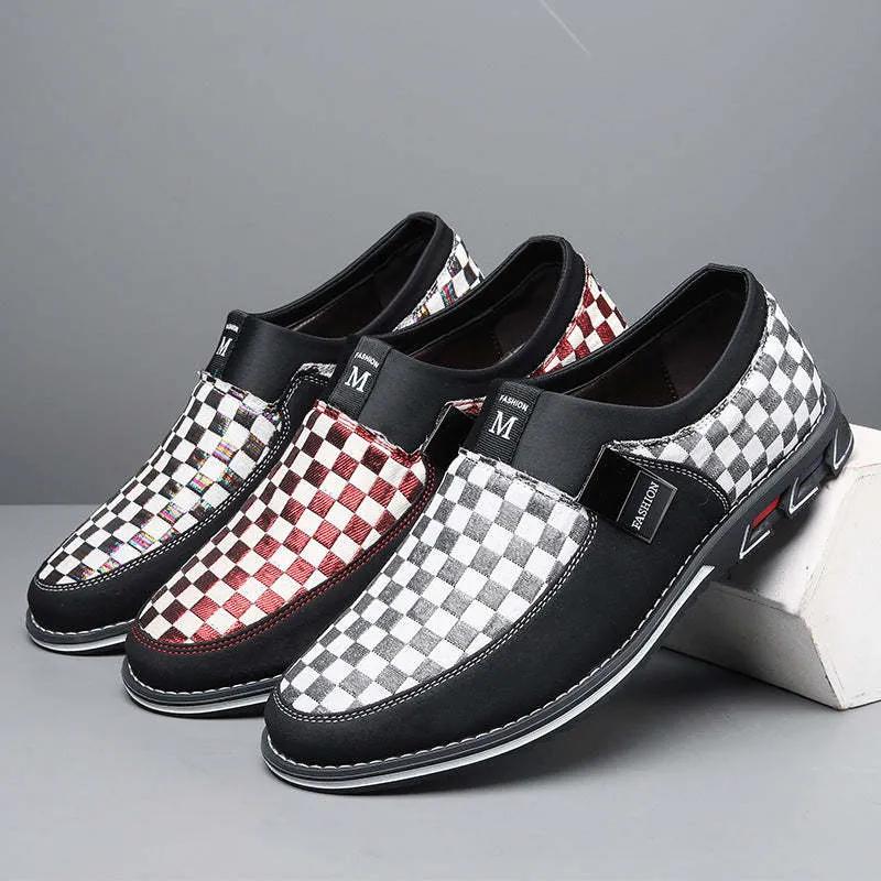 Large size men's business casual shoes with grid pattern, round toe, cloth upper, sizes 39-50, Black, Red, and White