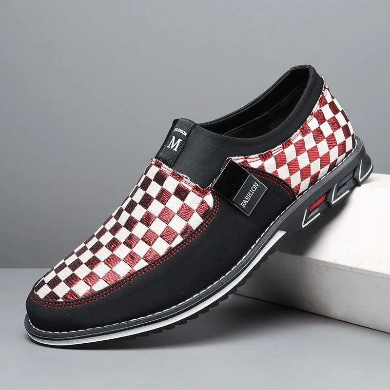 Large size men's business casual shoes with grid pattern, round toe, cloth upper, sizes 39-50, Black, Red, and White